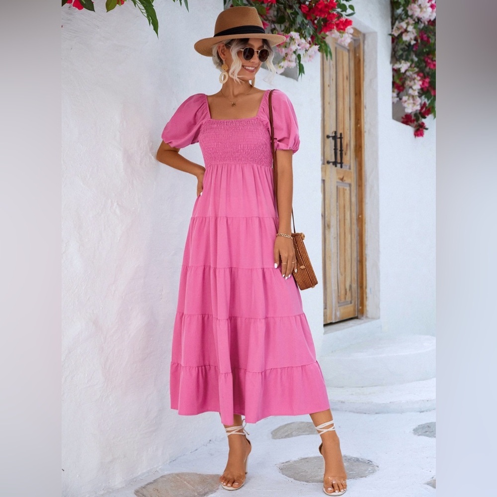 Tired Midi Dress with Short Sleeves and Smocked